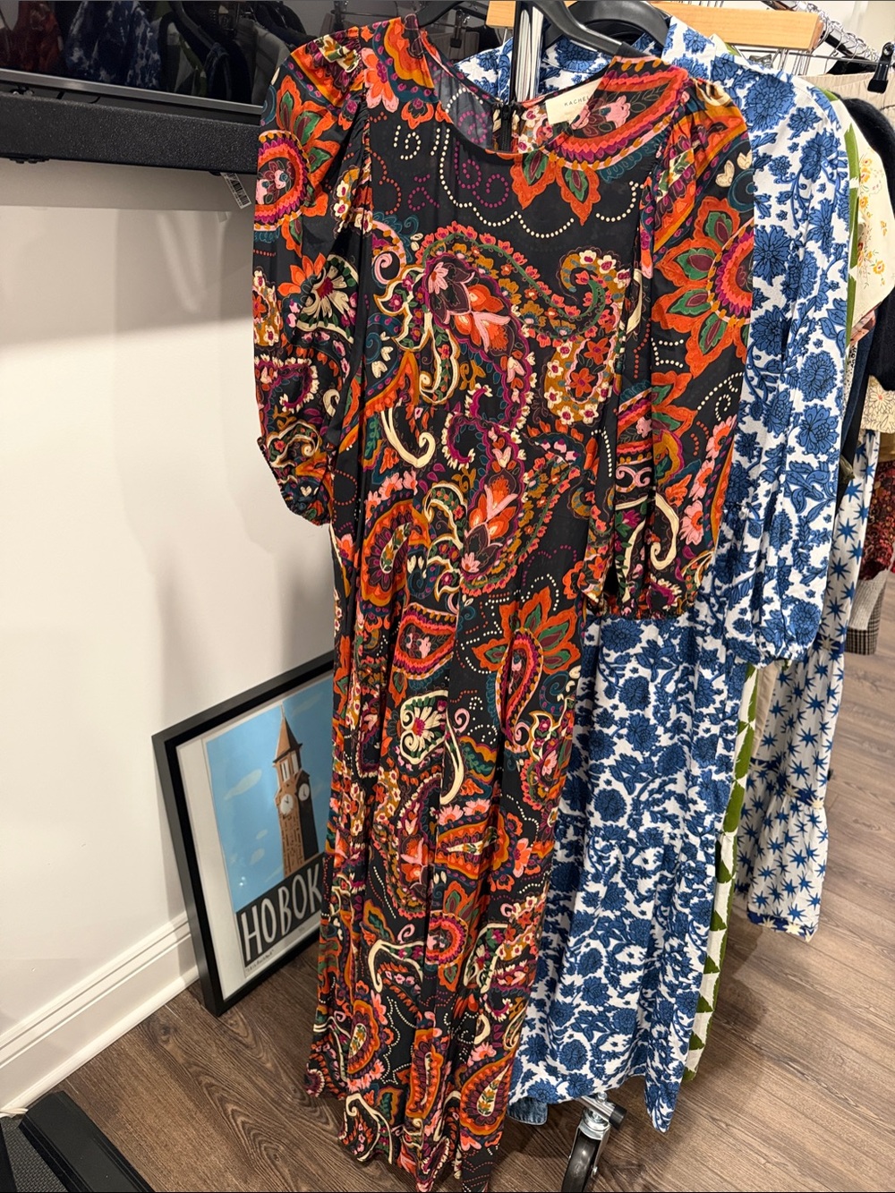 Anthropologie Kachel Black Maxi Dress with Multicolor Paisley Print